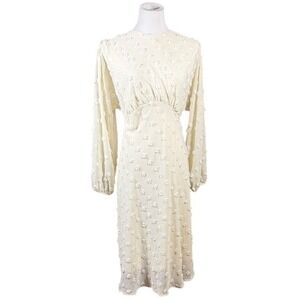Chicwish Cream 3D Pom Pom Midi Dress Womens Medium Long Sleeve Tie Waist Ivory